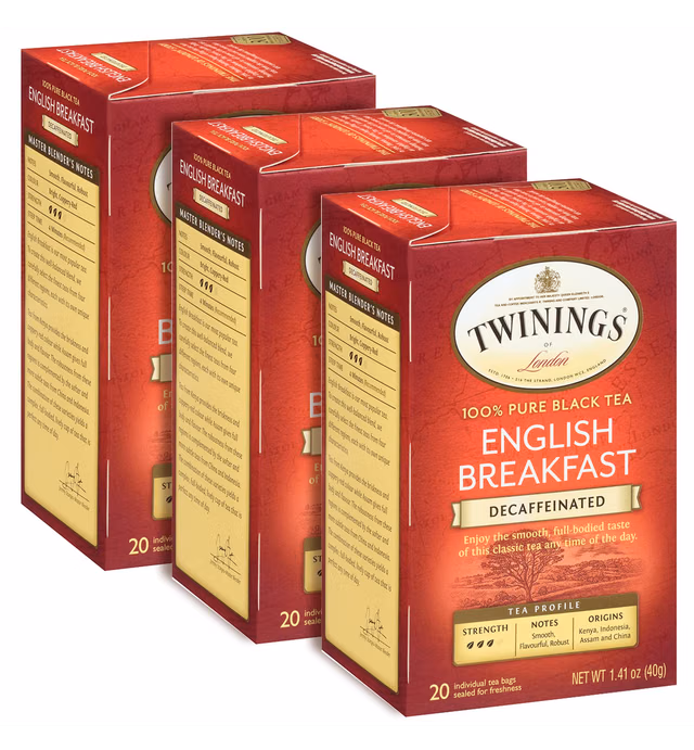 Twinings of London Decaffeinated English Breakfast 20 Count Tea Bags 1.41 oz. Box (Pack of 3-60 Bags Total)