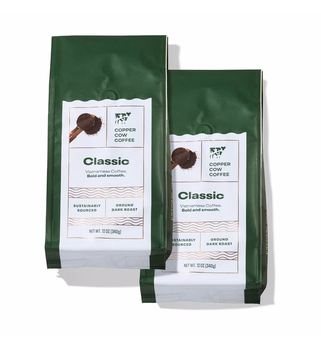 Copper Cow Coffee Premium Vietnamese Coffee: Ground Black Coffee, Woman-Owned, Gourmet, Specialty, Use for Hot or Cold Brew, Dark Roast, Universal Grind, 24oz Bag