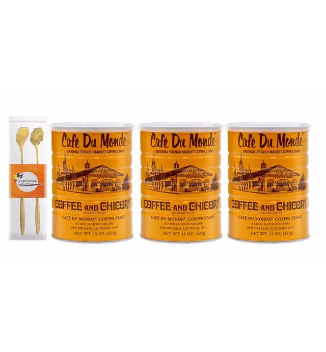 Cafe du Monde Ground Coffee 15 Oz (425 g) With 2 Inspiration Industry Coffee Spoons (3 CANS)