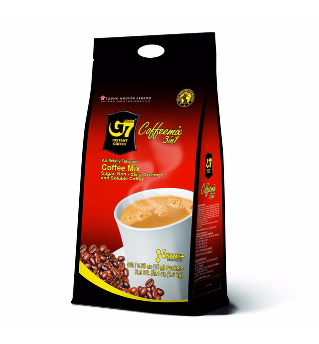 TRUNG NGUYEN G7 3-IN-1 Instant Coffee for Energy Boost by NANO+ Technology - Roasted Ground Coffee Blend with Non-dairy Creamer and Sugar - Strong and Pure Vietnamese Instant Coffee (100 Sticks/Bag)