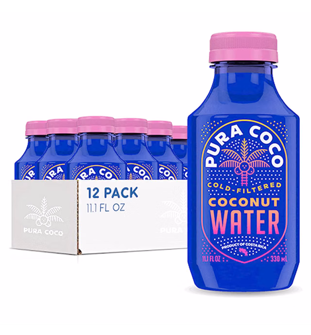 PURA COCO COCONUT WATER — Natural & delicious - Non-GMO freshly cracked coconut water packed with electrolytes, vitamins and antioxidants — Cold-filtered, no sugar or preservatives added — Energizing natural sports drink (12-Pack)