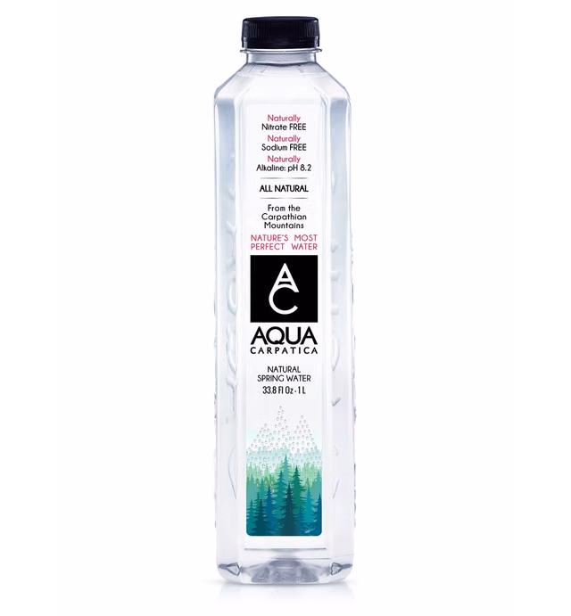 AQUA Carpatica Natural Spring Water with Electrolytes, Artesian Bottled Water, 1 Liter / 33.81 oz. (12 Pack)