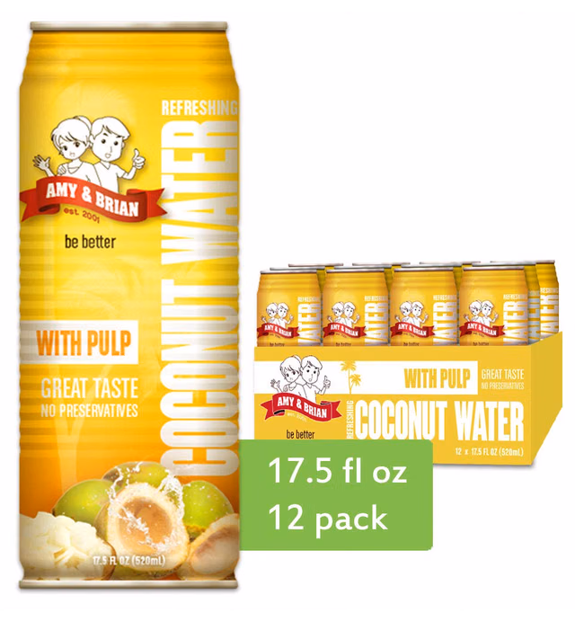 Amy & Brian Pure Coconut Water with Pulp, Non-GMO, No Sugar Added, Refreshing and Hydrating Real Coconut Water, 17.5 Fl Oz (Pack of 12)