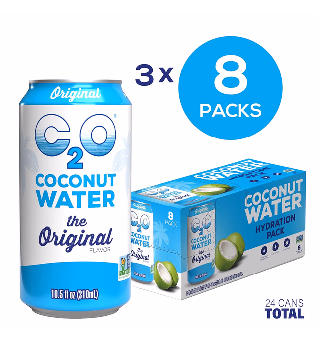 C2O The Orginal Coconut Water, Plant-Based Hydration, Non GMO, Essential Electrolytes, 10.5 FL OZ (3 Packs of 8, 24 Cans Total)
