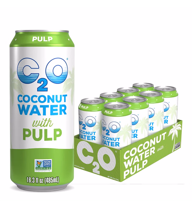C2O The Original Coconut Water w/Nutrients & Electrolytes, Rejuvenating Plant-Based Hydration, with Pulp, 16.3oz cans (8-Pack)