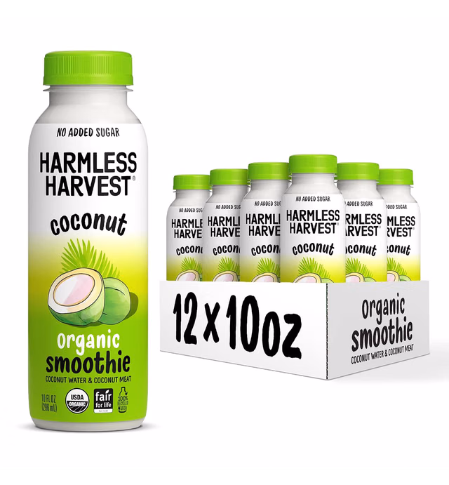 Harmless Harvest Organic Coconut Smoothie Blend of Coconut Water and Coconut Meat, Hydration & MCTs, No Sugar Added, Vegan, Fair for Life Certified, Original Smoothie 10 Fl Oz (Pack of 12)