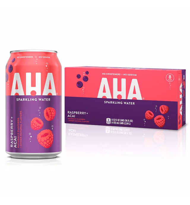 AHA Raspberry + Acai Sparkling Water, 12 Fl Oz Cans, 8 Pack