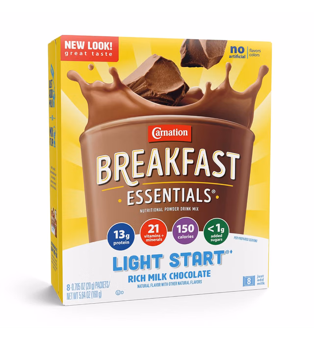 Carnation Breakfast Essentials Light Start Nutritional Powder Drink Mix, Rich Milk Chocolate, 8 Count Box of 0.705 oz Packets (Pack of 8 Boxes)