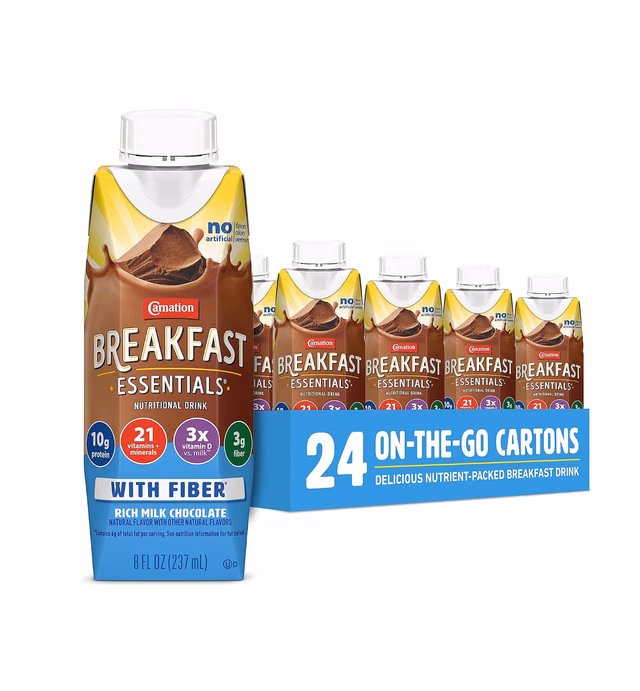 Carnation Breakfast Essentials Ready to Drink with Fiber, Rich Milk Chocolate, 8 FL OZ Carton (Pack of 24) (Packaging May Vary)