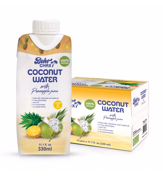 Boho Chax 100% Natural Coconut Water, Filled with Essential Vitamins and Electrolytes for Superior Hydration, Not From Concentrate, Pineapple Flavor, 11.16 Fl Oz (12-Pack)