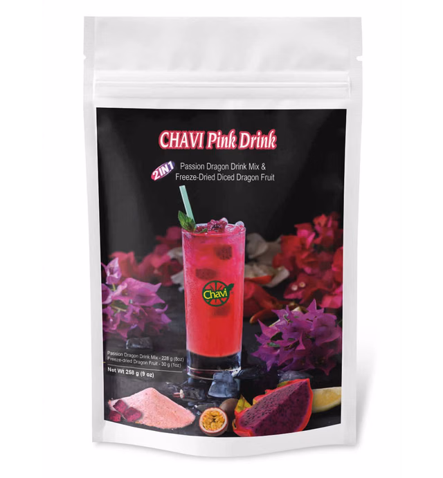 CHAVI Pink Drink - Passion Dragon Fruit Powdered Drink Mix and Freeze-Dried Diced Dragon Fruit Add-on - 2 in 1 package