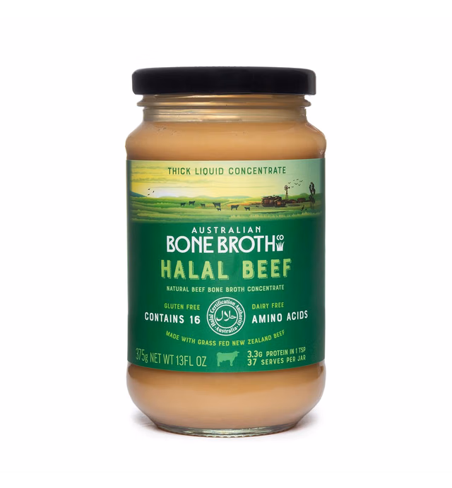 Halal Beef Bone Broth Concentrate - Beef Flavor - Instant broth beverage, great for gut health and general well-being. New Zealand Grass-Fed Beef, Made in Australia 13 FLOZ