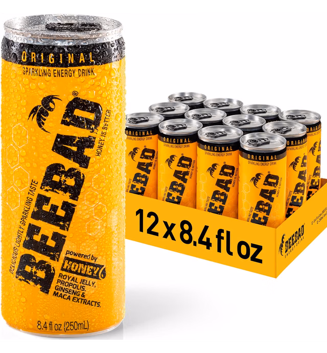 BEEBAD Sparkling Energy Drink Powered by Honey, Ginseng, Propolis, Maca, plus B6 and B12 Vitamins,12 Count