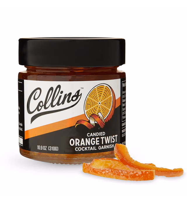 Collins Candied Fruit Orange Peel Twist in Syrup - Popular Cocktail Garnish for Skinny Margarita, Martini, Mojito, Old Fashioned Drinks, Peel for Baking, 10.9oz.