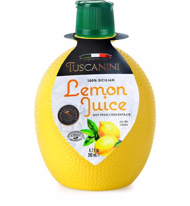 Tuscanini 100% Sicilian Lemon Juice, Not from Concentrate, 6.7oz Lemon Shaped Convenient Squeeze Bottle | No Water Added | Product of Italy | Certified Kosher (Including Passover)