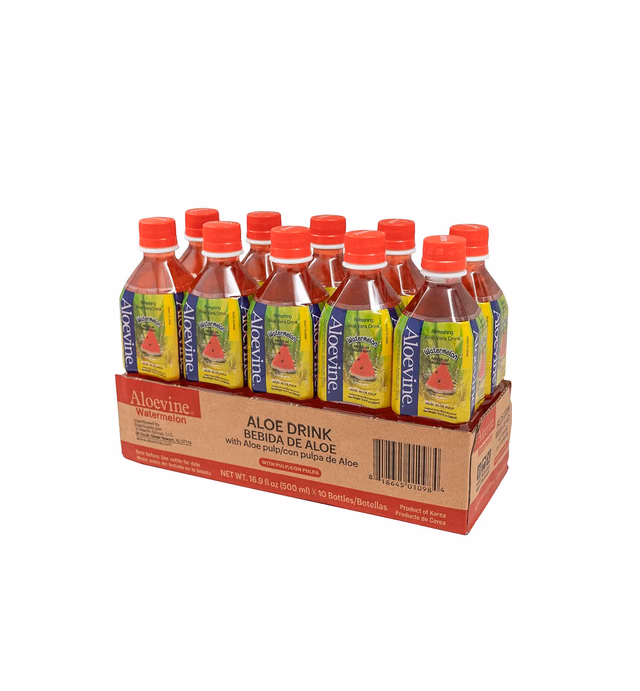ALOEVINE Aloe Vera Juice drink Watermelon pure with chunks of aloe | 16.9 Oz 10 pack | Natural plant based Korean drinks