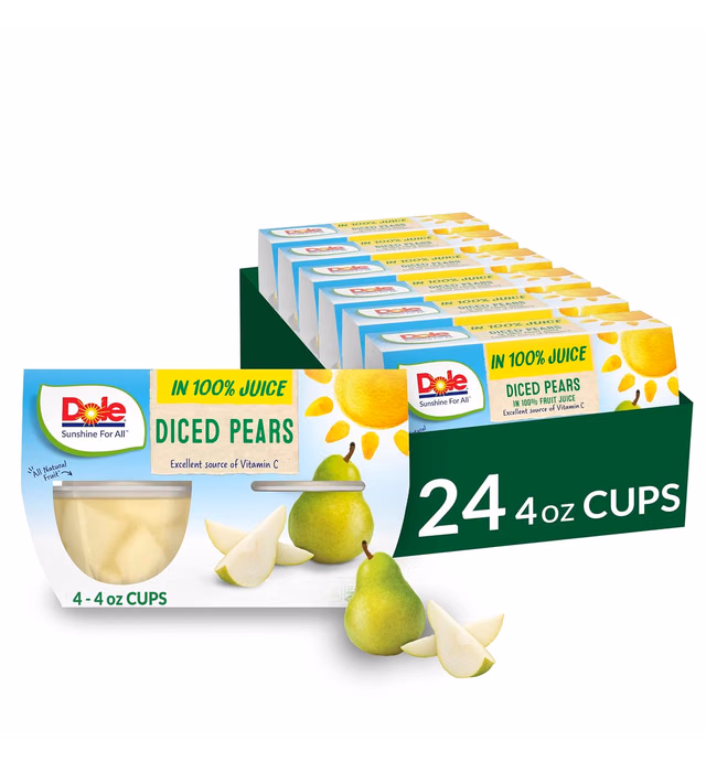 Dole Fruit Bowls Diced Pears In 100% Juice, Gluten Free Healthy Snack, 4 Oz, 24 Total Cups