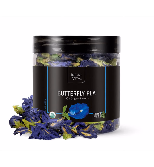 Infini Vita Dried Butterfly Pea Flower Tea 28g (1 oz) - 100% Organic Blue Tea, Pure, Non-GMO, Gluten Free - Natural Energy Booster and Relaxing Beverage