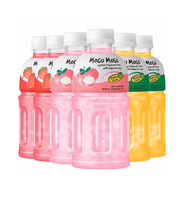 Mogu Mogu drink Variety Pack (6 Bottles) Drinks for kids made with fruit juice variety pack and nata de coco (coconut jelly) Fun chewable juice boxes for kids. Juice bottles with Lychee Juice, Mango Juice and Strawberry Juice
