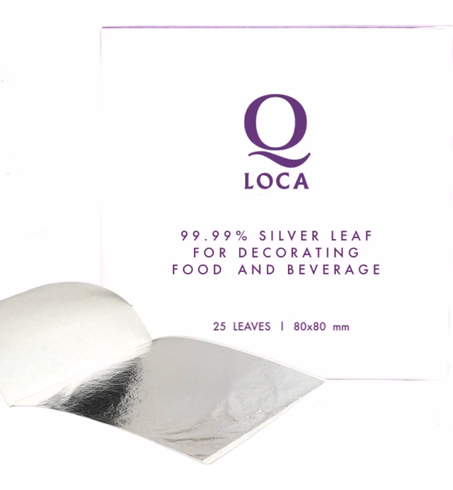 Q-loca 100% Pure Edible Silver Leaf for Decorating Food and Beverage (80x80 mm : 25 sheets)