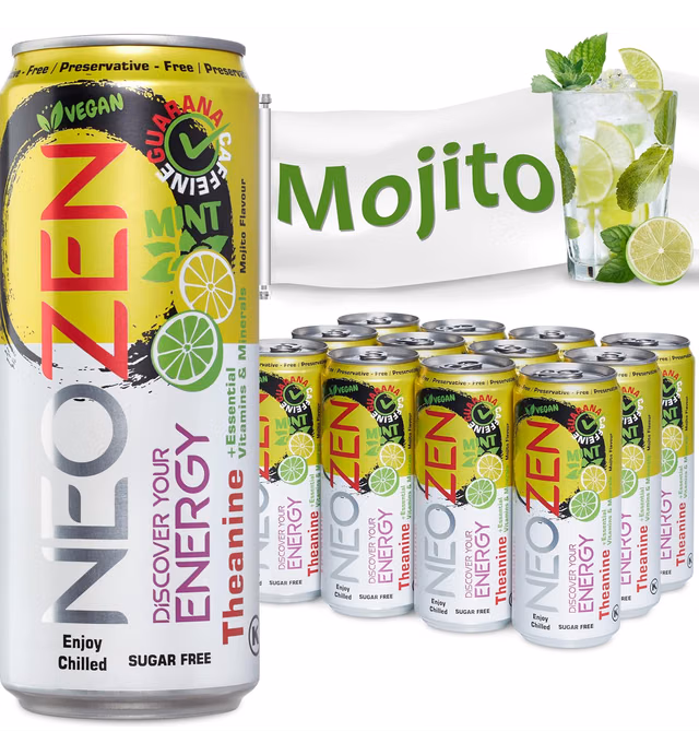 NEOZEN Energy Drink, Mojito Flavor - Sugar Free, 132 mg Natural Caffeine, Vitamin C, B6, B12 and Minerals, Sports Drink – Zero Calorie, Kosher, Gluten Free, Vegan, KETO Friendly, 11.2 Fl oz (12 Pack)(MOJITO)
