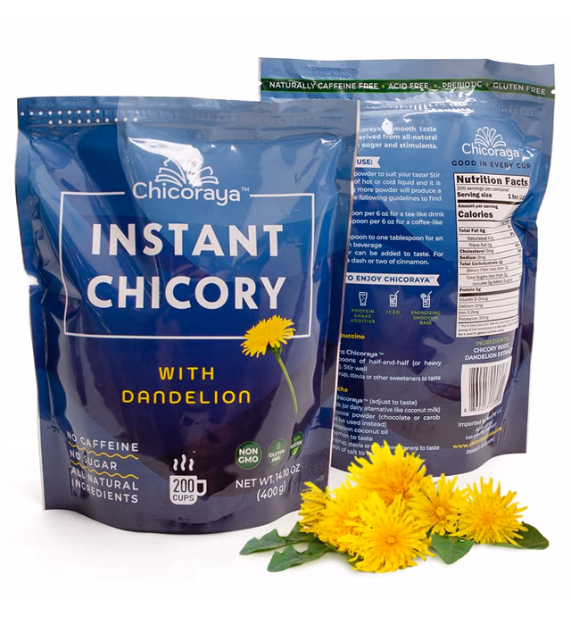 CHICORAYA Instant Chicory Coffee - Best for Decaf and Diet - Keto & Vegan Beverage Blend - Coffeine-Free Cofee Substitute Alternative - Roasted Root Powder, No Sugar (Dandelion, 14.1 oz)