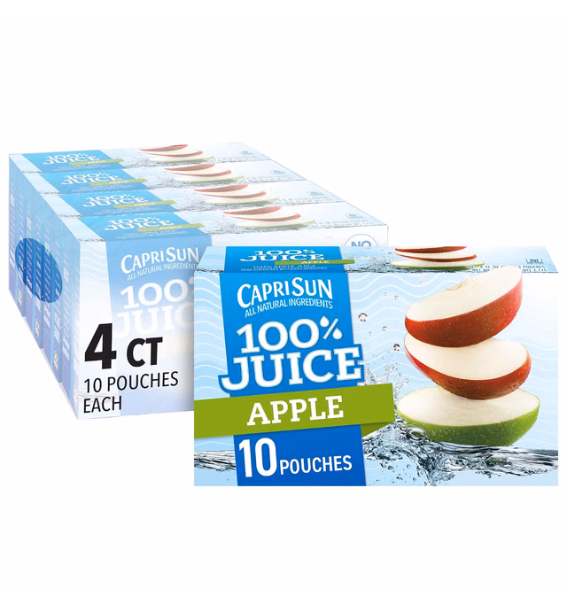 Capri Sun 100% Apple Juice Ready-to-Drink Juice (40 Pouches, 4 Boxes of 10)