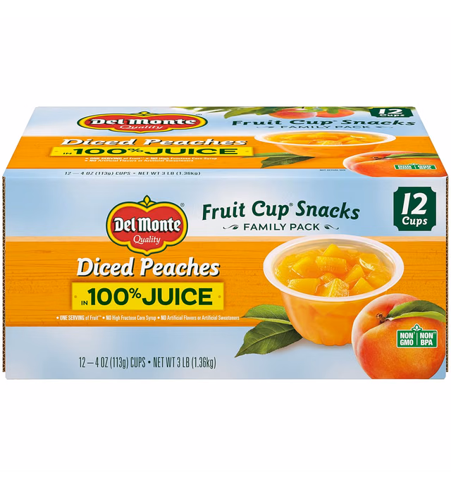 DEL MONTE Diced Peaches FRUIT CUP Snacks in 100% Fruit Juice, 12 Pack, 4 oz