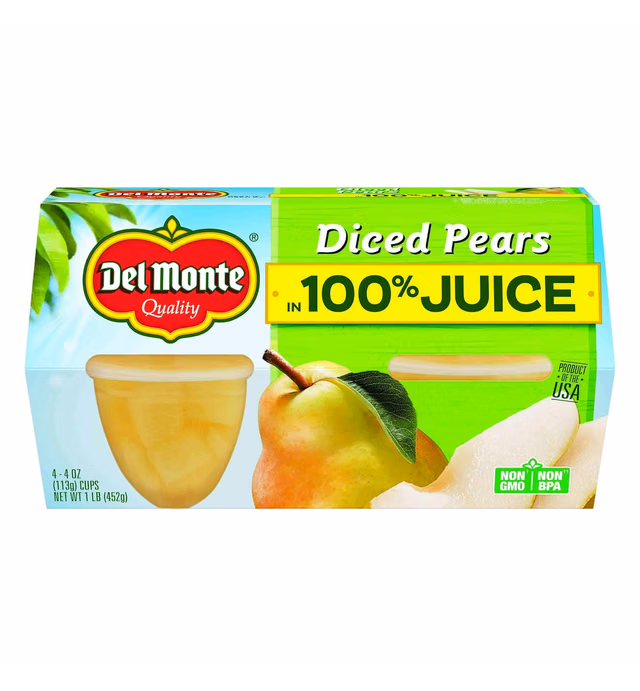 Del Monte Diced Pears In Juice, 4 Oz, 4 Ct
