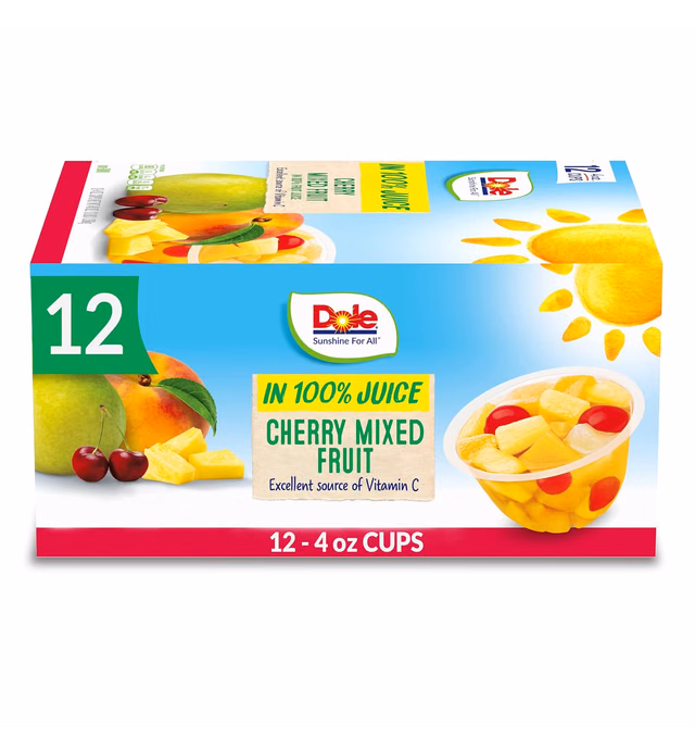 Dole Fruit Bowls Cherry Mixed Fruit in 100% Juice, Back To School, Gluten Free Healthy Snack, 4oz, 12 Cups