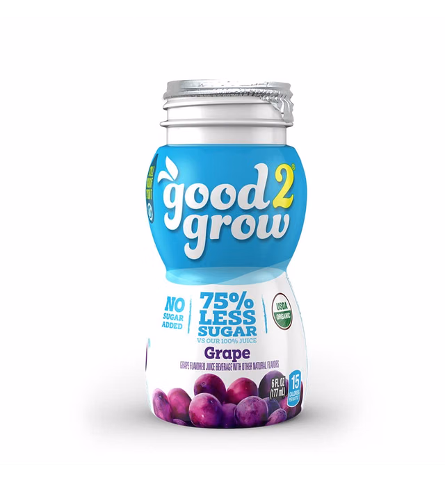 good2grow Organic Low Sugar Grape Juice 24-pack of 6-Ounce BPA-Free Juice Bottles, Non-GMO and USDA Certified Organic with 75% Less Sugar. SPILL PROOF TOPS NOT INCLUDED