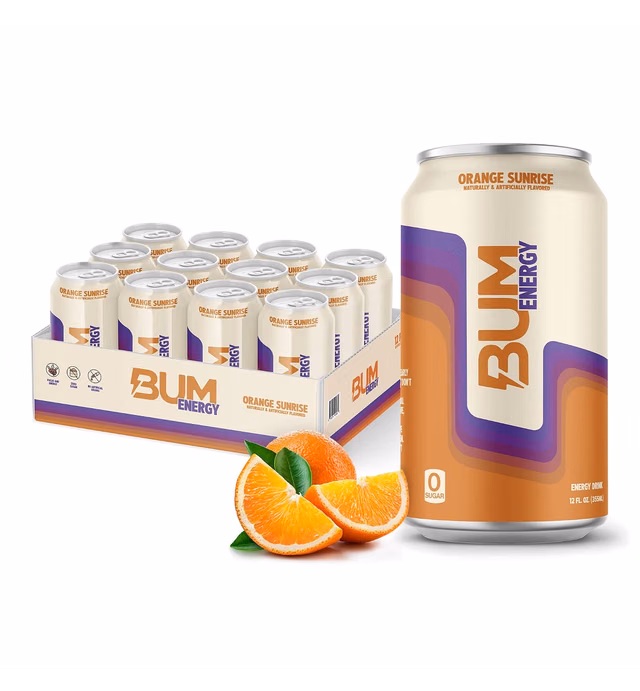 BUM Sugar-Free Energy Drink, Orange Sunrise - Lightly Carbonated & No Artificial Colors, Natural Caffeine & Citicoline for Energy & Focus, Brain Boost & Workout Sports Beverage - 12 oz, Pack of 12
