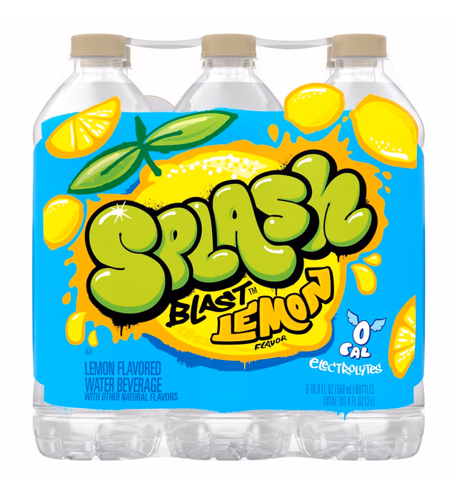 Splash Blast, Flavored Water Beverage, Lemon Flavor, 16.9 Fl Oz Plastic Bottles, 6 Pack