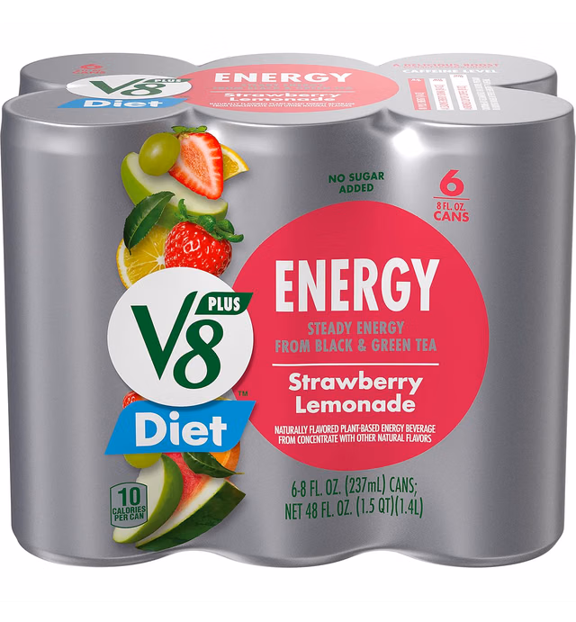 V8 +ENERGY Diet Strawberry Lemonade Energy Drink, Contains 10 Calories Per Serving, 8 FL OZ Can (Pack of 6)