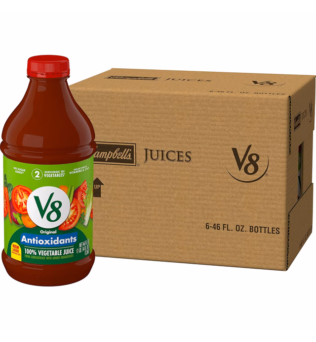 V8 Essential Antioxidants 100% Vegetable Juice, Vegetable Blend Juice with Tomato, Carrot and Celery Juice, 46 FL OZ Bottle (Pack of 6)
