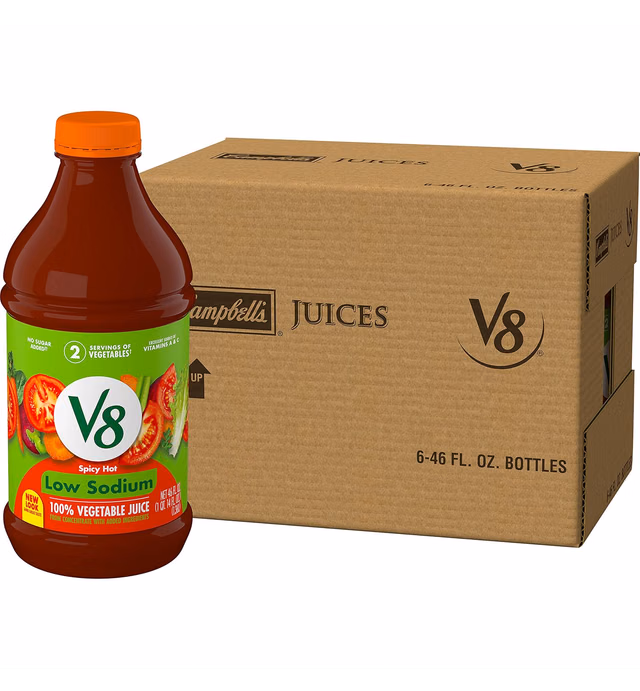 V8 Low Sodium Spicy Hot 100% Vegetable Juice, Vegetable Blend Juice with Tomato Juice and Spices, 46 FL OZ Bottle (Pack of 6)
