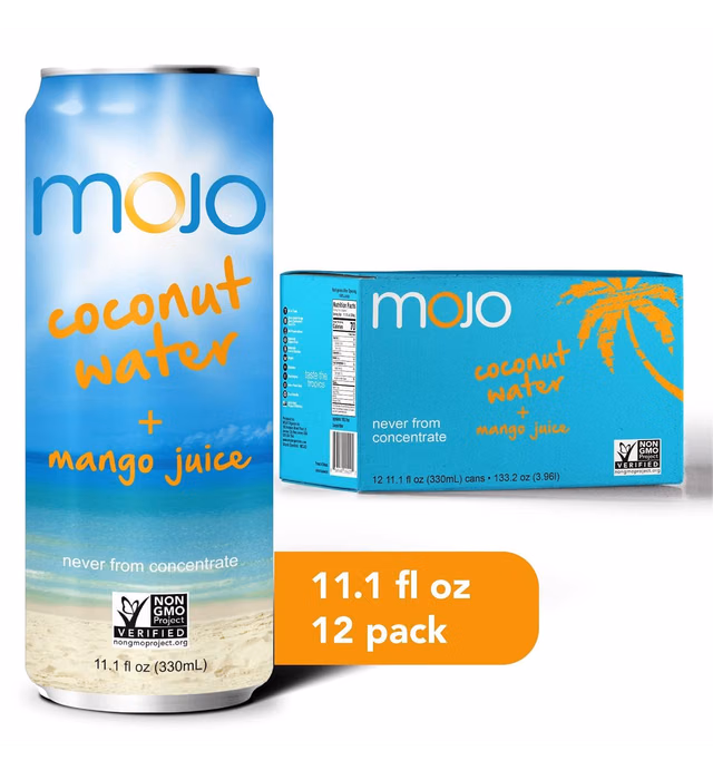 MOJO Coconut Water + Mango Juice, Non GMO | Fresh Coconut Taste | Natural Electrolytes | Vital Nutrients | Natural Hydration | 11.1 Oz (Pack Of 12)