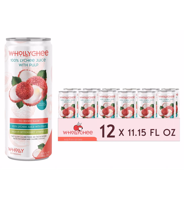 Whollychee - 100% Lychee Juice, With Pulp, Pure Fruit Juice, No Sugar Added, Not From Concentrate, Litchi, 11.15 Fl Oz Can (Pack of 12)