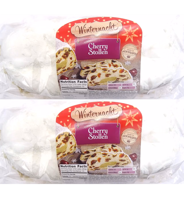 Winternacht German Cherry Stollen Full-Size with a Tunnel of Marzipan & Cherry Brandy Liqueur (2 Pack Cherry Stollen)