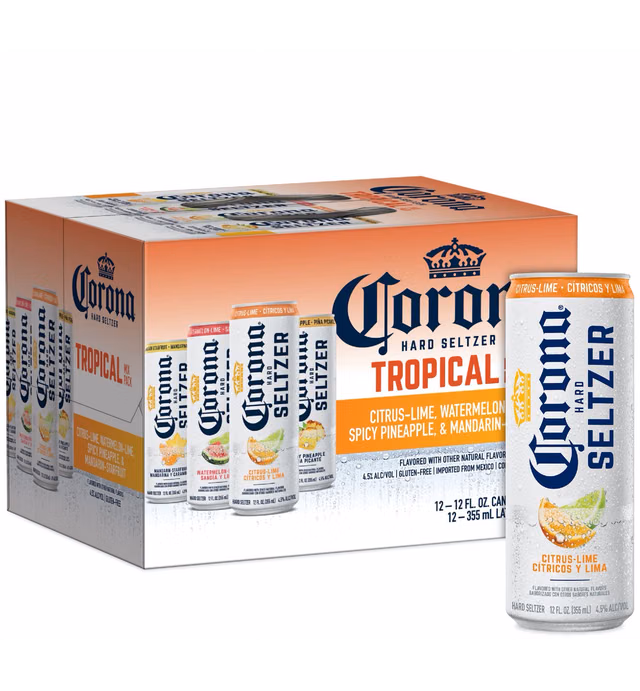 Corona Hard Seltzer Tropical Mix Variety Pack Gluten Free, 12 pk, 12 fl oz Cans, 4.5% ABV with Citrus Lime, Watermelon Lime, Spicy Pineapple, and Mandarin Starfruit Seltzers