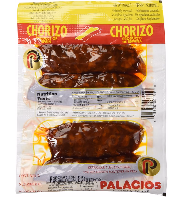 Chorizo Pork Sausage, Mild (Palacios) Mini, 4 pack, 6.5 oz (185g)