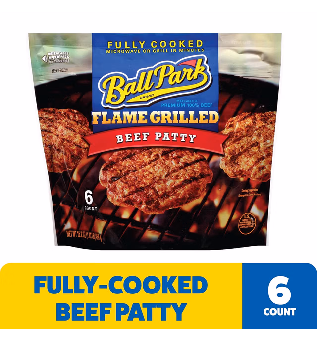 Ball Park Fully Cooked Flame Grilled Beef Patties, 6 Count (Frozen)