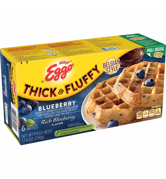 Eggo Thick and Fluffy Frozen Waffles, Resealable, Belgian Style, Blueberry, 11.6oz Box (6 Waffles)