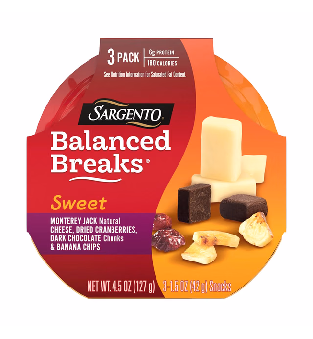 Sargento Sweet Balanced Breaks Monterey Jack Natural Cheese, Dried Cranberries, Dark Chocolate Chunks & Banana Chips, 3-Pack
