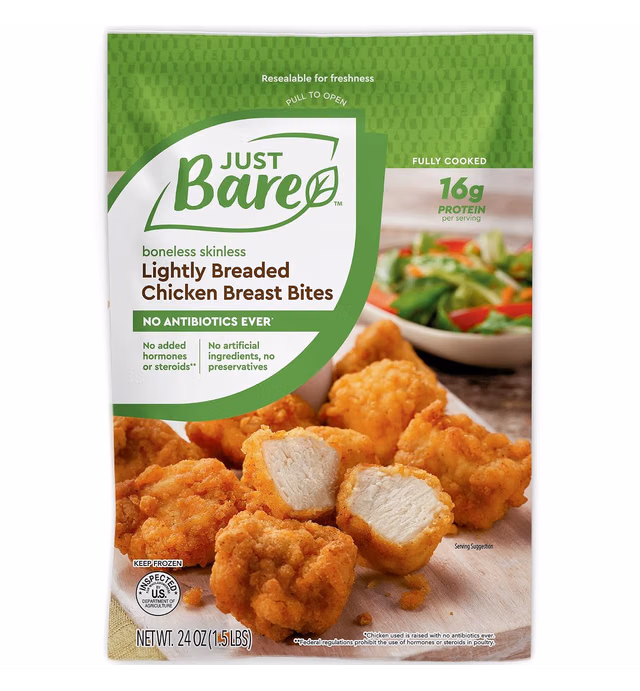 Just Bare® Chicken Lightly Breaded Breast Bites Fully Cooked 16 G Protein Frozen 1.50 LB, 24 Ounce