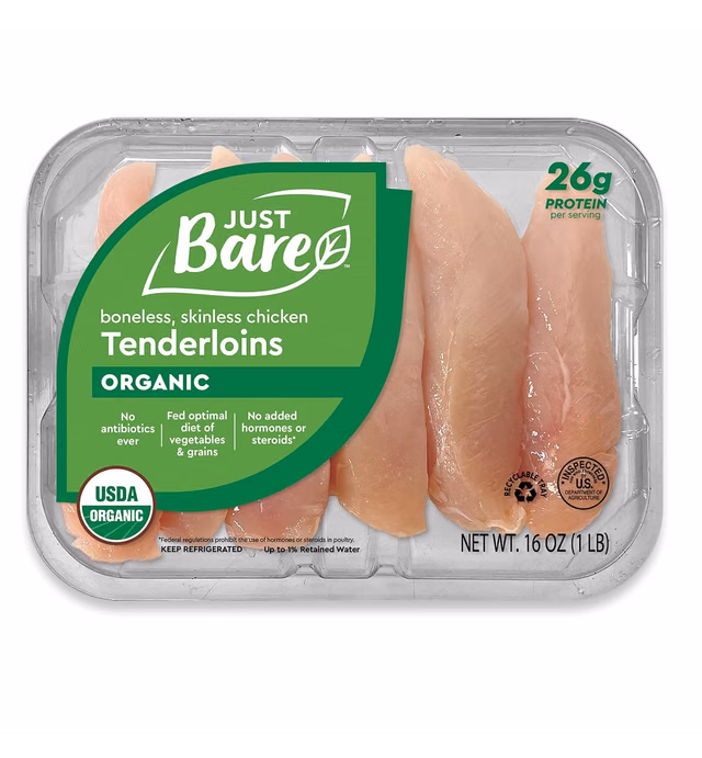 Just Bare® USDA Organic Fresh Chicken Tenders | No Antibiotics Ever | Boneless | Skinless | 1.0 LB