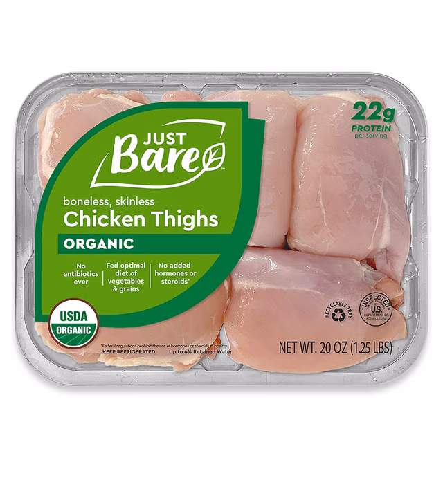 Just Bare® USDA Organic Fresh Chicken Thighs | No Antibiotics Ever | Boneless | Skinless | 1.25 LB