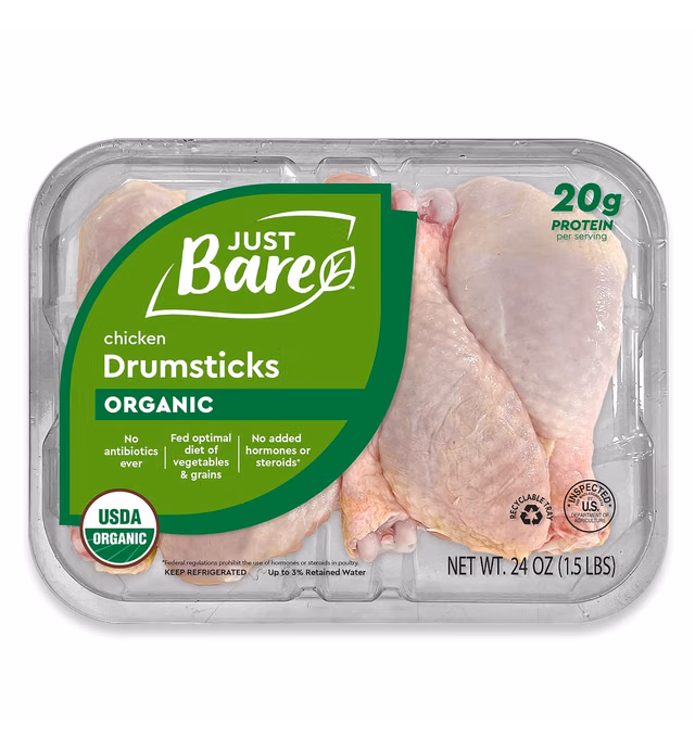 Just Bare®USDA Organic Fresh Chicken Drumsticks | No Antibiotics Ever | Bone-In | 1.5 LB