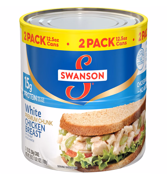 Swanson White Premium Chunk Canned Chicken Breast in Water, Fully Cooked Chicken, 12.5 OZ Can (6 Packs of 2 Cans)
