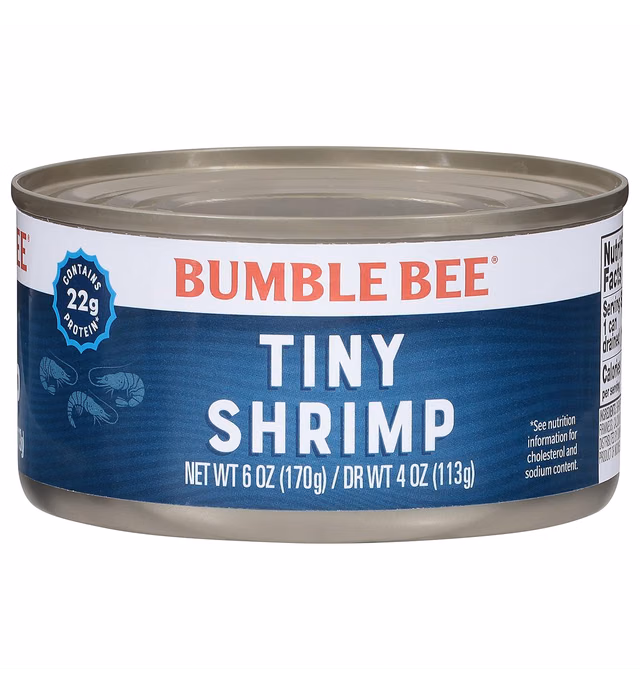 Bumble Bee Tiny Canned Shrimp, 4 oz Cans (Pack of 12) - Wild Caught Shrimp - 22g Protein per Serving - Gluten Free - Great for Appetizers, Shrimp Salad & Other Seafood Recipes